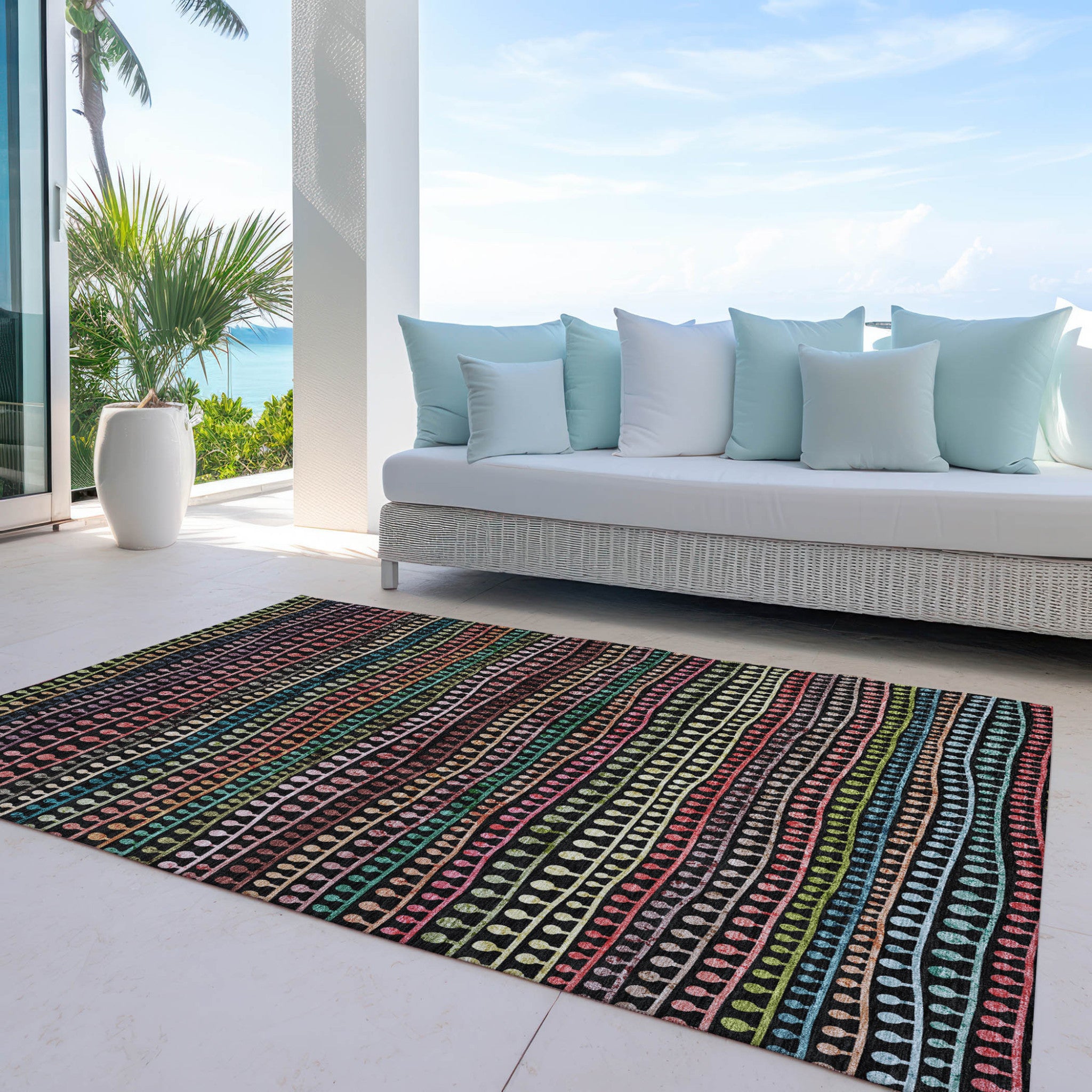 Black Green Gold Striped Indoor Outdoor Washable Rug Size 5x8 Feet Heavy Duty Polyester - Rosetta Creative Boutique